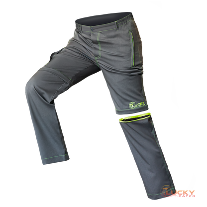 Lucky Catch-Gray with Neon Green Stitch, Convertible Outdoor Fishing Pants